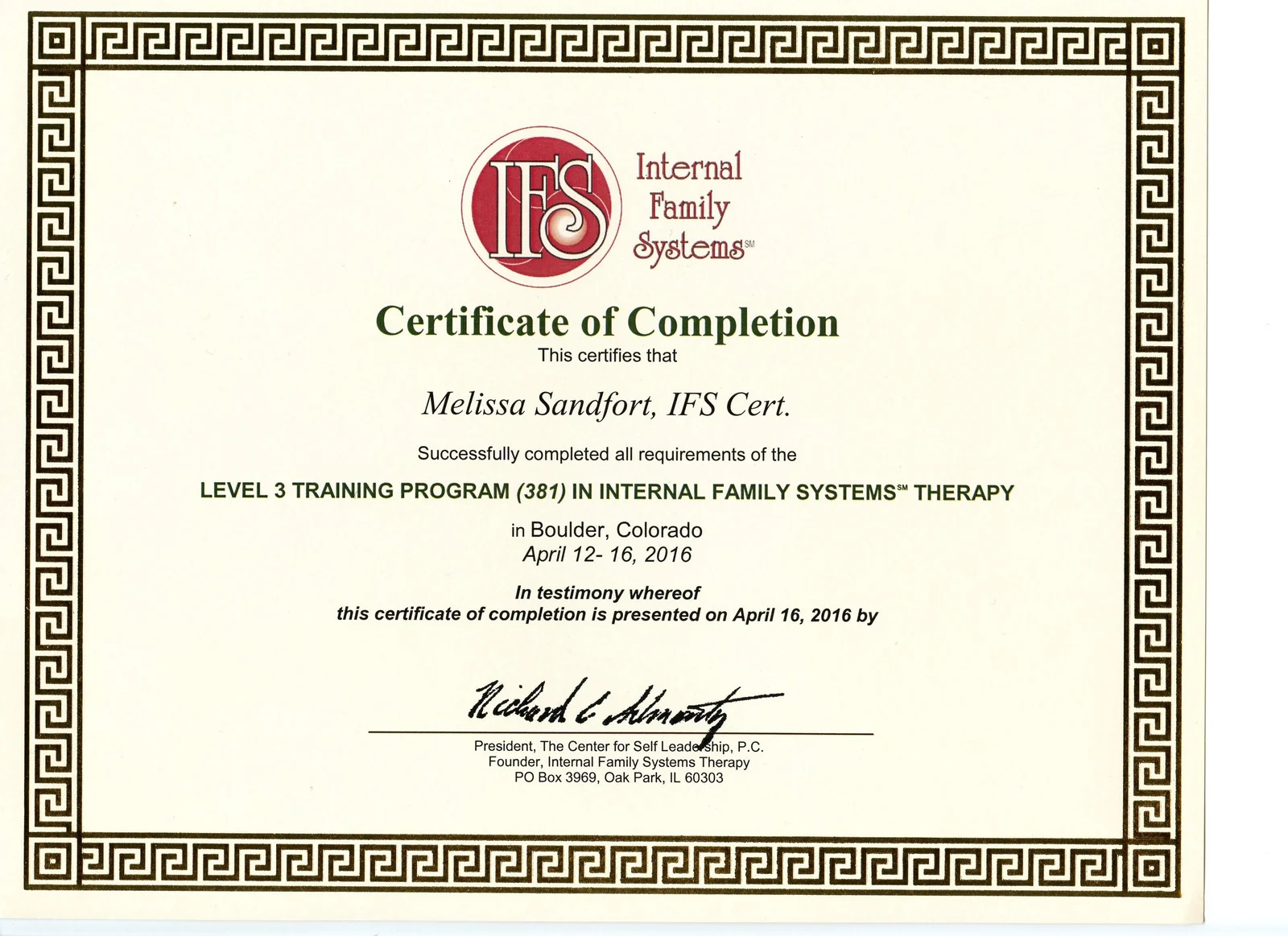 IFS Level 3 training certificate