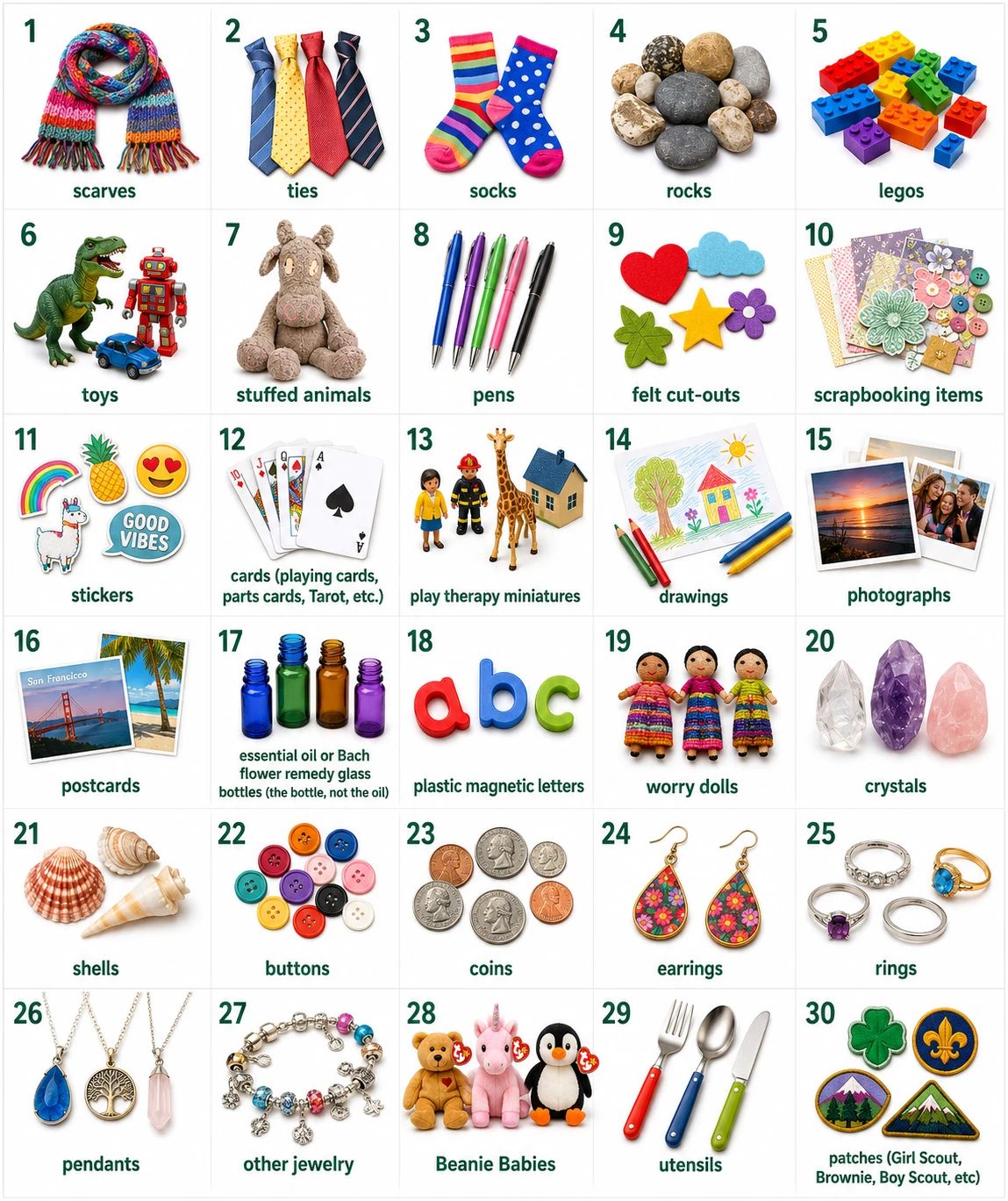 Thirty ideas for externalizing parts: scarves, ties, socks, rocks, legos, toys, stuffed animals, pens, and more